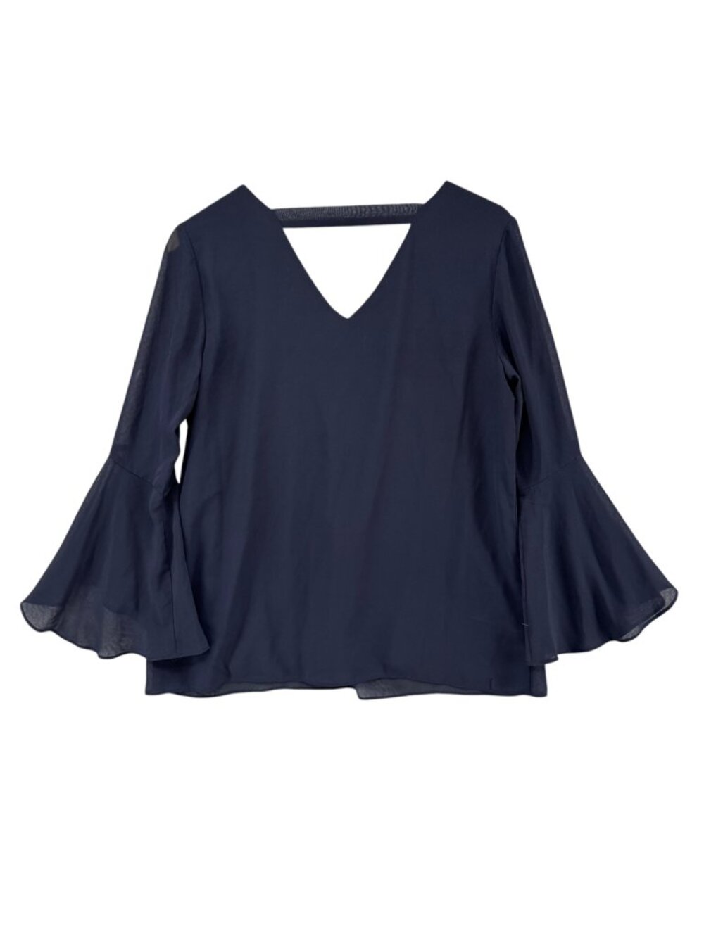 Neiman Marcus Flowy Blouse Womens Navy Blue Long Bell Sleeve V Neck Top Size S